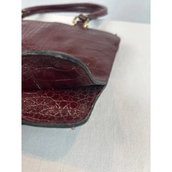 Vintage Burgundy Croc Embossed Leather Handbag Gold Hardware Top Handles Elegant - Picture 13 of 13